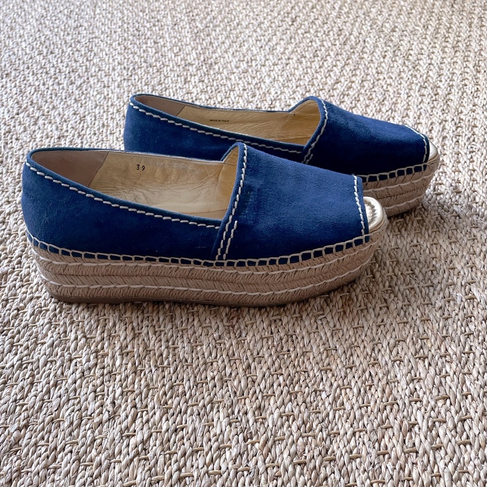 PRADA. Suede Navy Wedge Sandals. Size 39. Excellent Condition.